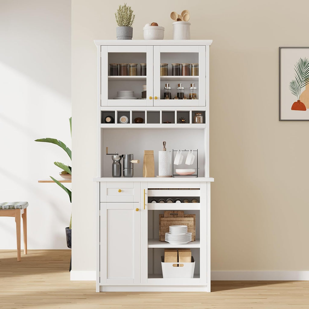 LUMISOL Farmhouse Kitchen Pantry Cabinet with Wine Rack, Freestanding Buffet with Hutch and Adjustable Shelves, Kitchen Hutch with Pull-Out Bottle Trays for Dining Room, 35.4x17.7x74.8 in, White