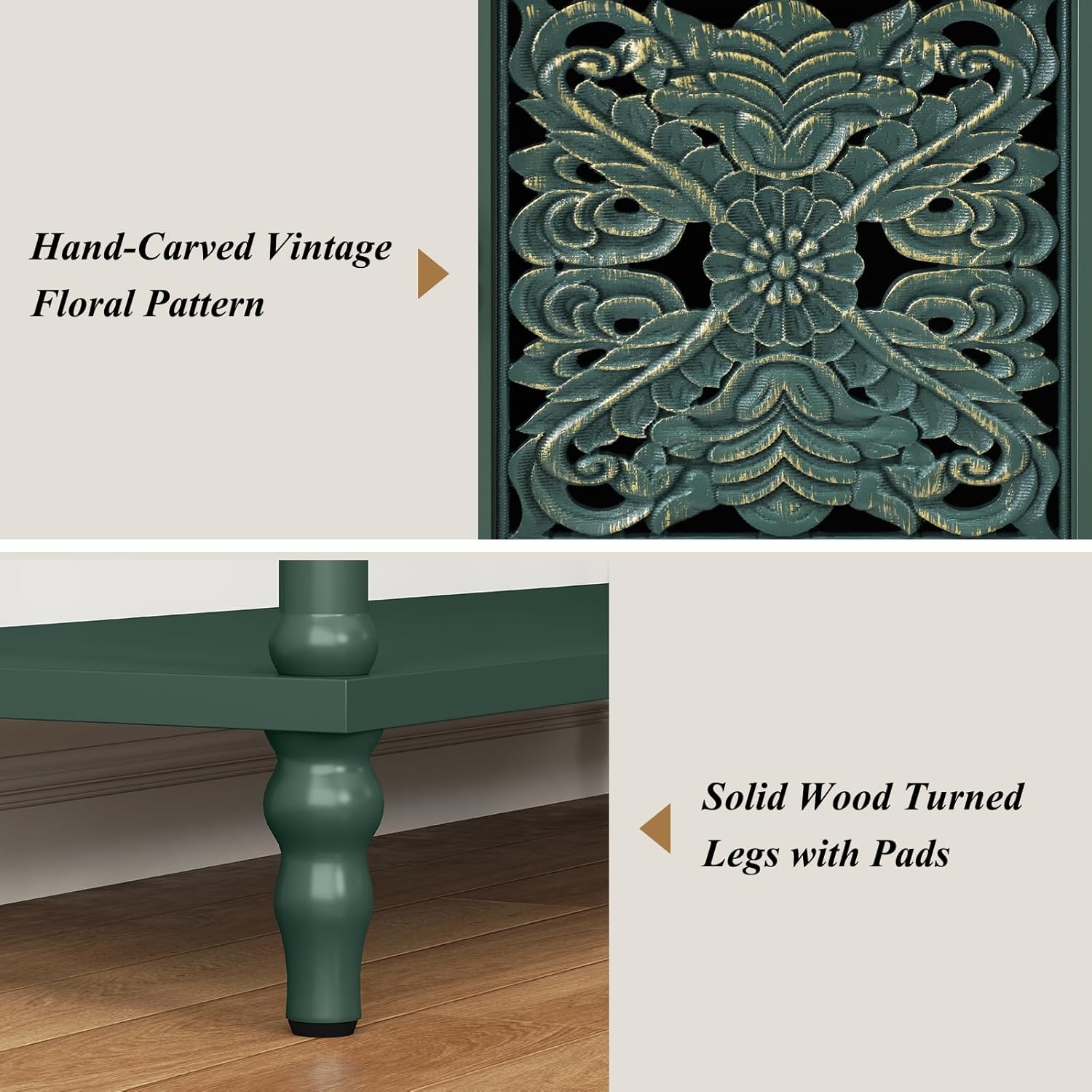 ARTPOWER Vintage Console Table with Hand-Carved Doors, 42" Narrow Entryway Table with Storage, Retro Sofa Table with Open Storage Shelf, Console Tables for Entryway, Hallway, Foyer, Living Room, Green