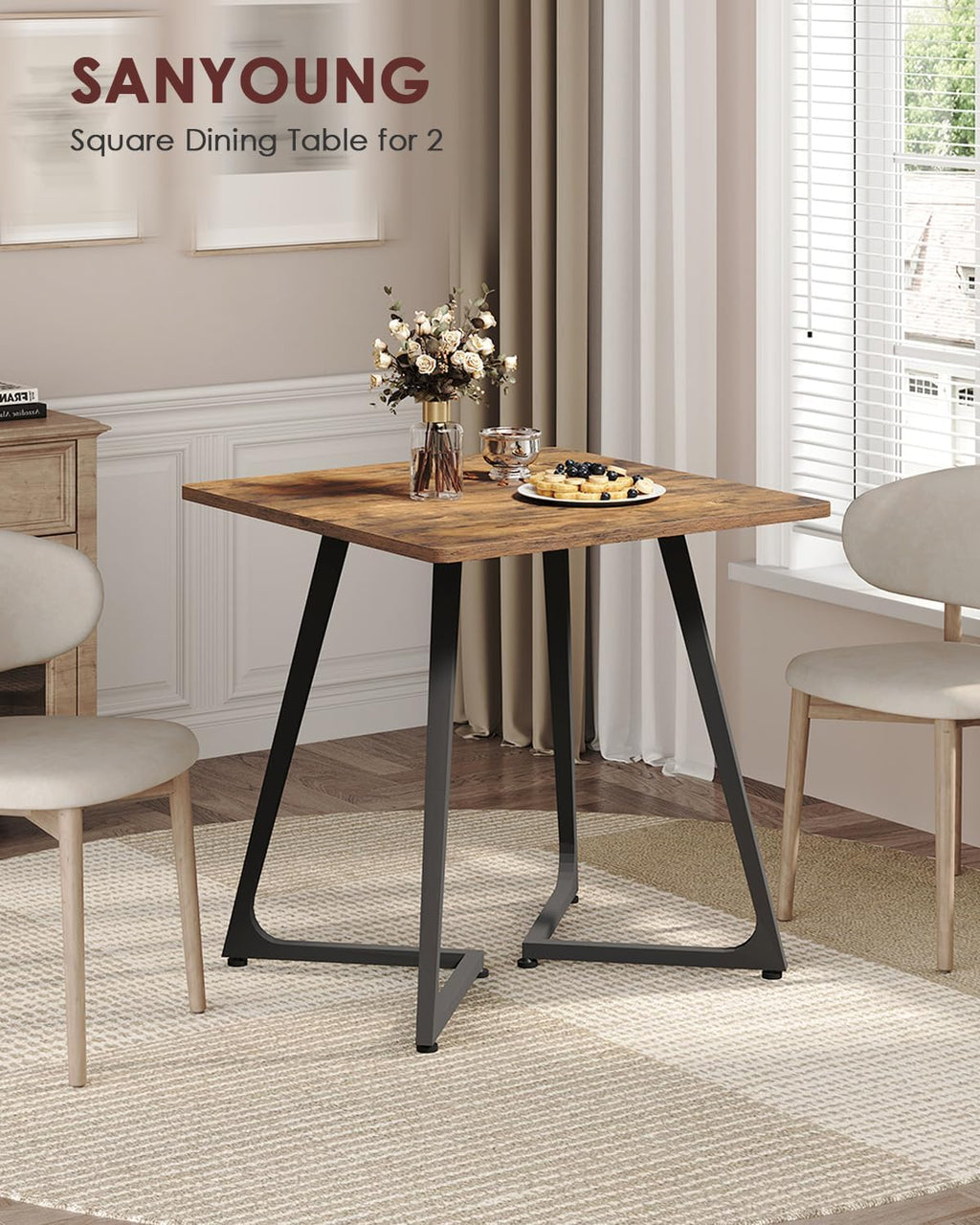 SANYOUNG Small Dining Table, 29.5" Square Dining Table for 2 People, Farmhouse Kitchen Table with Wood Legs for Small Space, Living Room, Apartment, Rustic Brown and Black