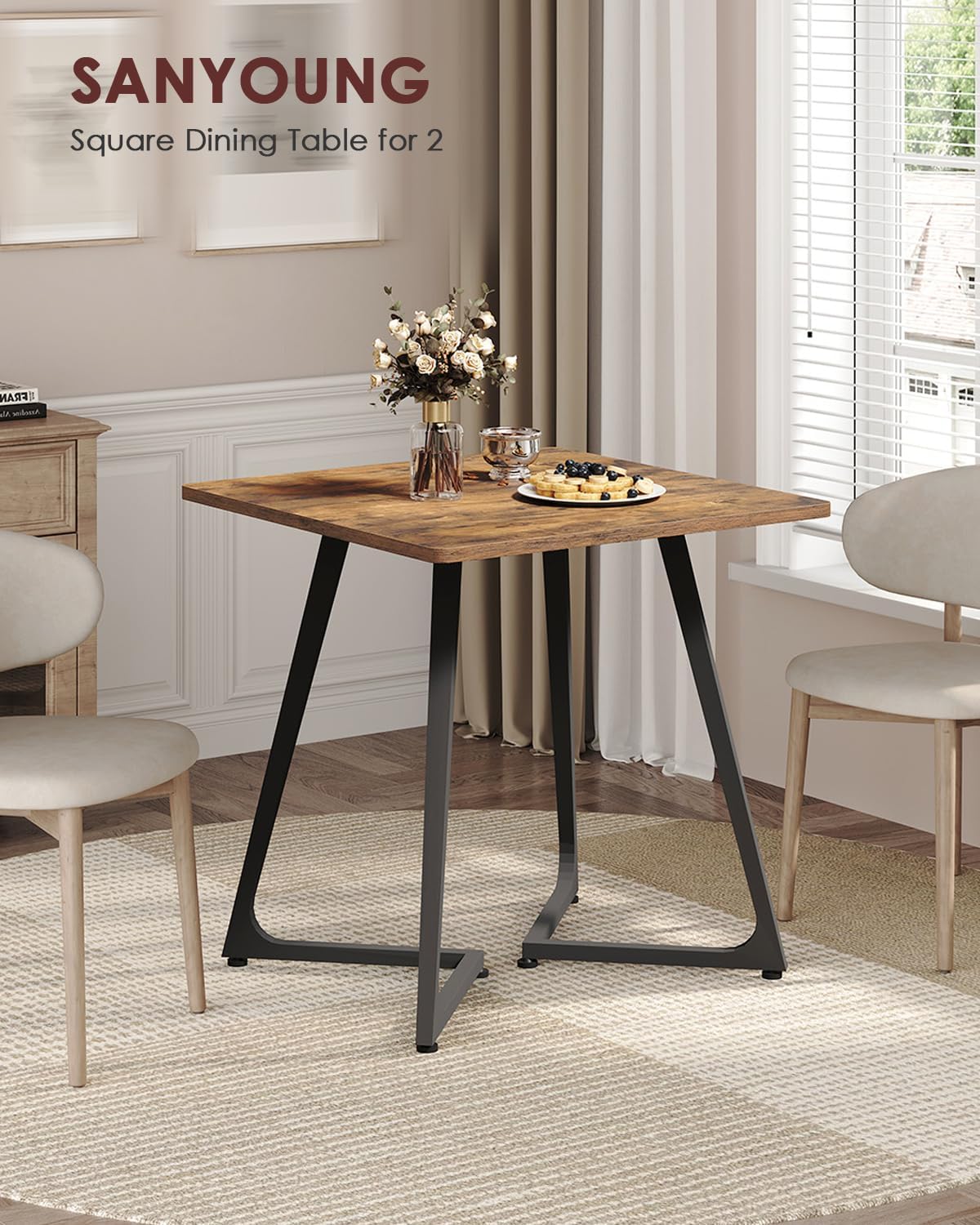 SANYOUNG Small Dining Table, 29.5" Square Dining Table for 2 People, Farmhouse Kitchen Table with Wood Legs for Small Space, Living Room, Apartment, Rustic Brown and Black