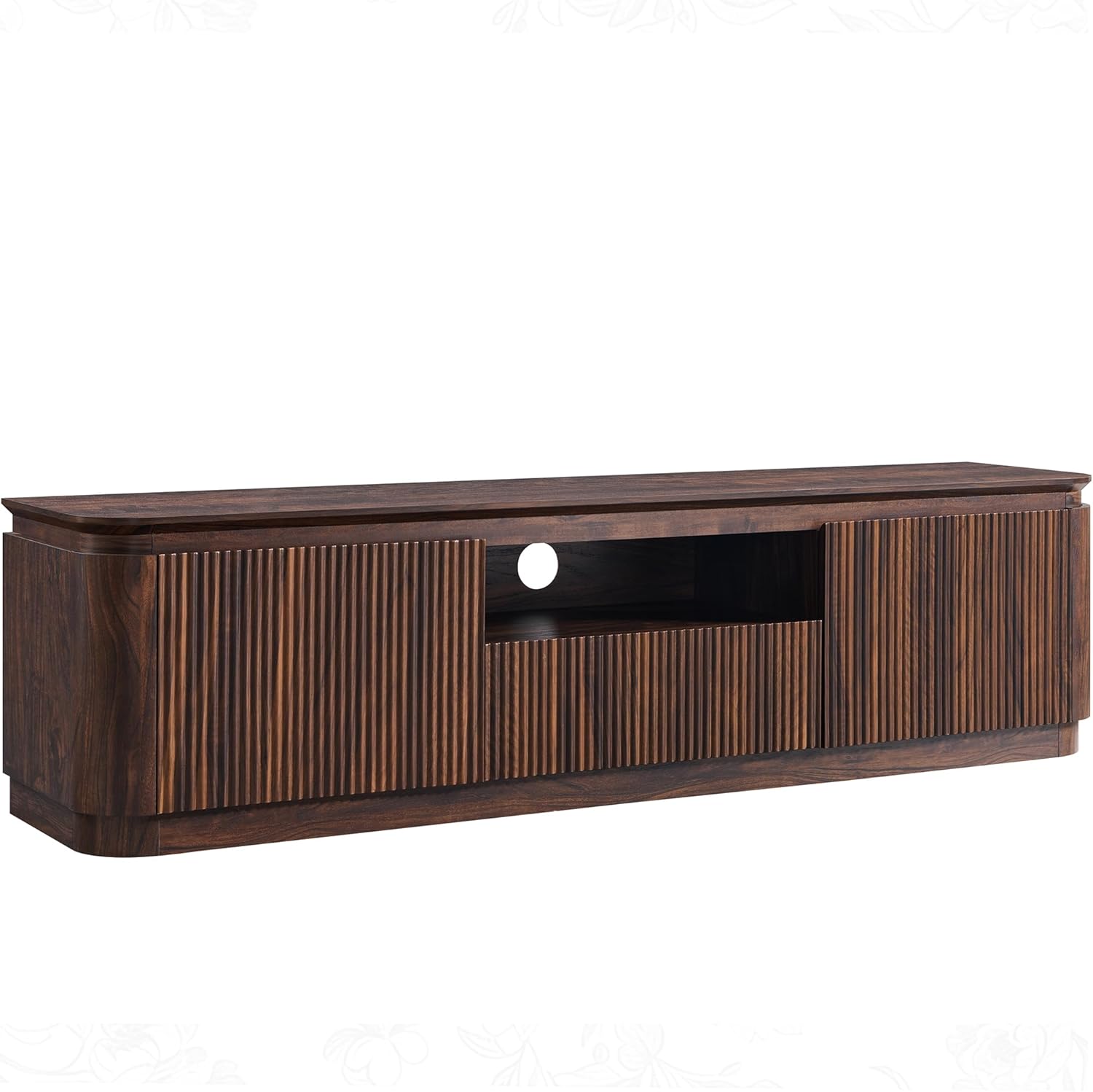 70" Fluted TV Stand for TVs Up to 80", Mid Century Modern Entertainment Center with Drawer, Storage Cabinet, Open Shelf, Wood Low Profile Media TV Console for Livingroom, Dark Walnut