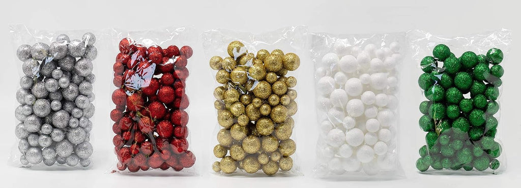 Multi Colored Glitter Foam Vase Fillers, 5 Bag Set – Silver, Red, Green, Gold & White Decorative Foam Balls, 3/8"–3/4", Bowl Fillers, Centerpiece Filler, Party Décor, Christmas & Holiday Craft Balls