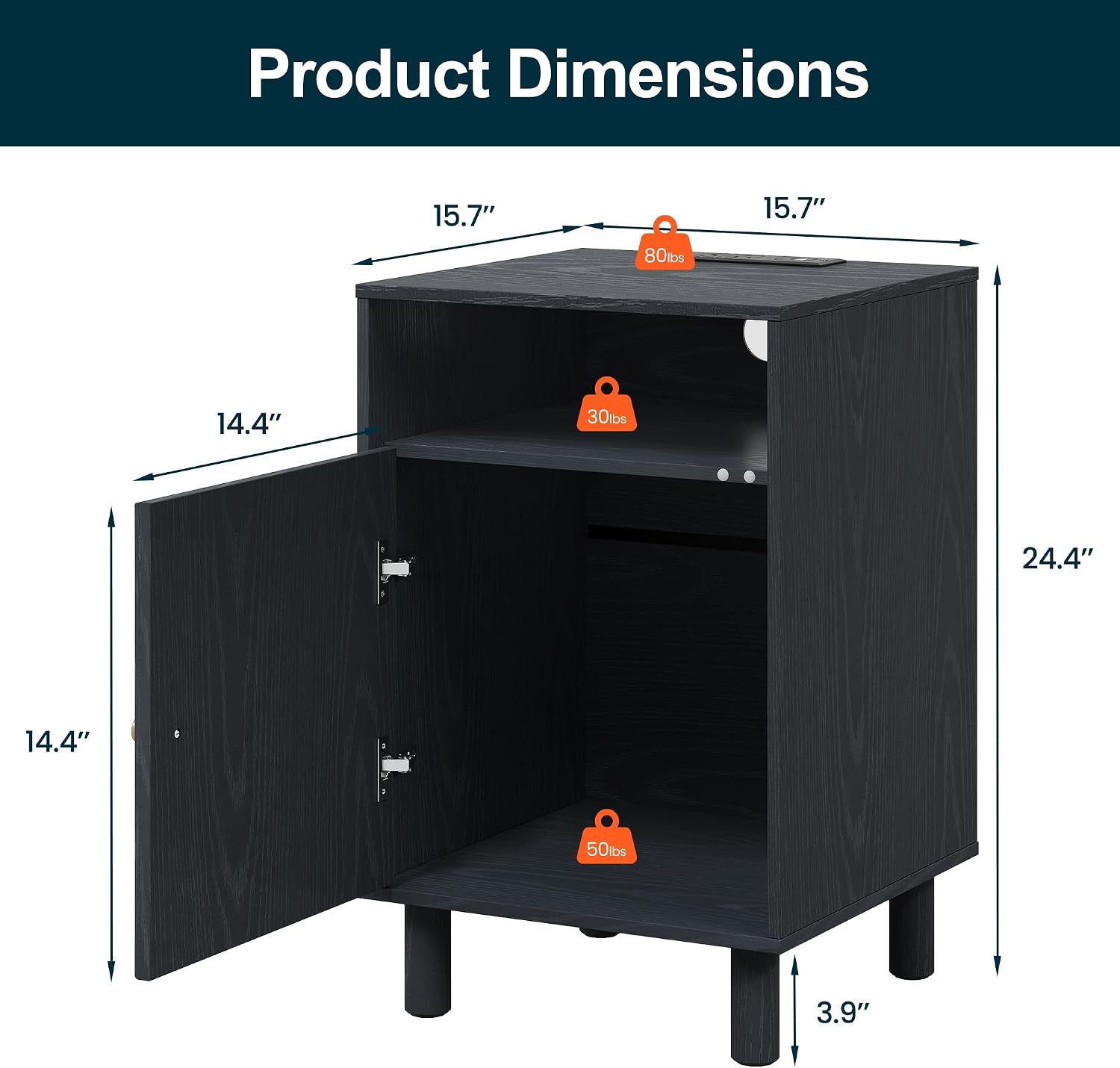 RoyalCraft Black Nightstand with Charging Station, End Table with Storage | Mid-Century Modern End Table for Living Room, Side Table with Solid Wood Legs, Bedside Table for Bedroom, Entryway