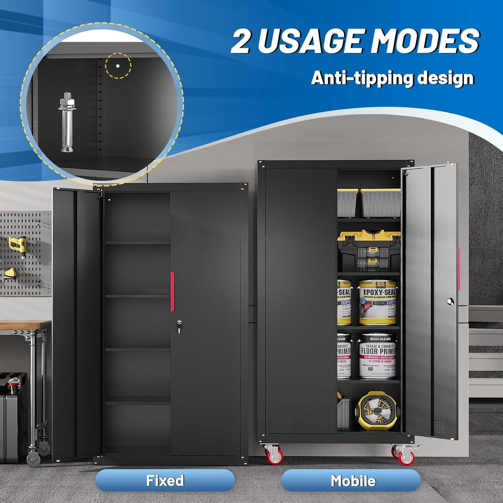 Metal Storage Cabinet with Wheels,71" Garage Cabinets with 4 Adjustable Shelves and Lockable Doors,Black Locking Cabinet Suitable for Garages,Home,Office
