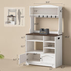 Bakers Rack with Storage and Power Outlet, Farmhouse Coffee Bar Cabinet, Microwave Stand with Storage Cabinet, 7 Hooks and Curved Design for Kitchen, Dining Room, Coffee Bar, Walnut, White