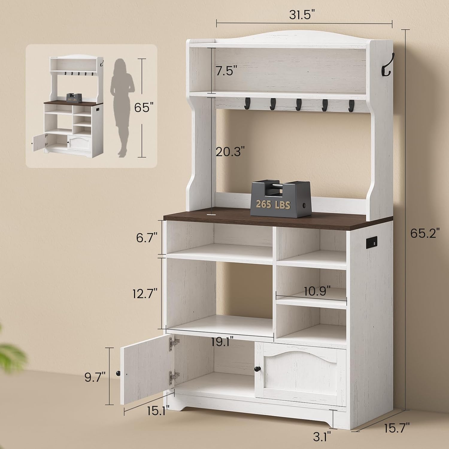 Bakers Rack with Storage and Power Outlet, Farmhouse Coffee Bar Cabinet, Microwave Stand with Storage Cabinet, 7 Hooks and Curved Design for Kitchen, Dining Room, Coffee Bar, Walnut, White