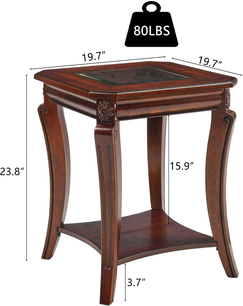 PADMA HOUSE Set of 2 Solid Wood Small End Table with Glasstop, Vintage Square Sofa Side Table with Storage Shelf and Curved Legs, 2-Tier Bedside Tables Nightstand in Cherry,19.7" Dx23.8 H
