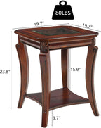 PADMA HOUSE Set of 2 Solid Wood Small End Table with Glasstop, Vintage Square Sofa Side Table with Storage Shelf and Curved Legs, 2-Tier Bedside Tables Nightstand in Cherry,19.7" Dx23.8 H