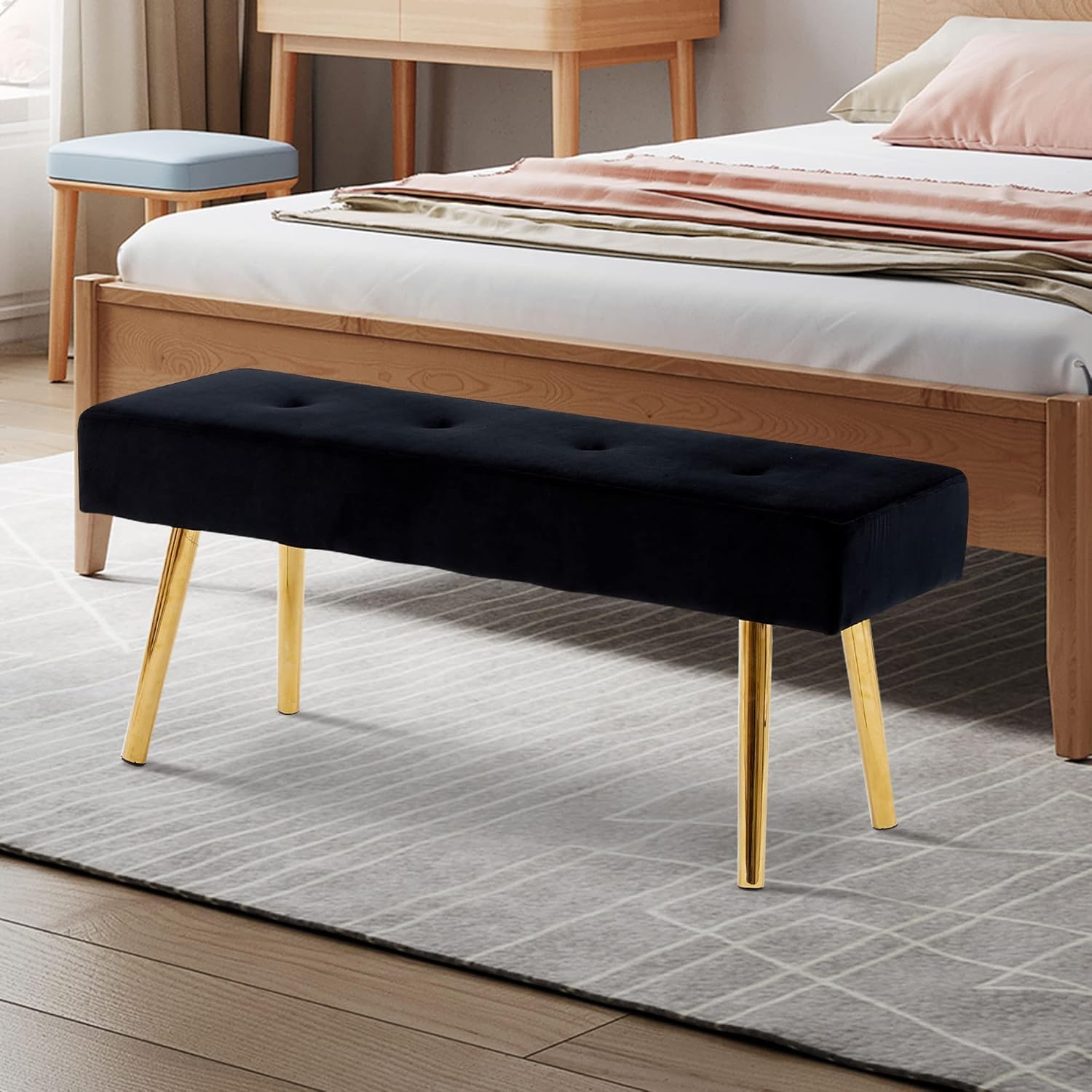 Upholstered Bench for Bedroom End of Bed, 40-inch Entryway Bench for Living Room, Dining Bench with Padded Seat and Metal Legs for Kitchen Bedroom,Indoor and Hallway (Black Velvet Bench)