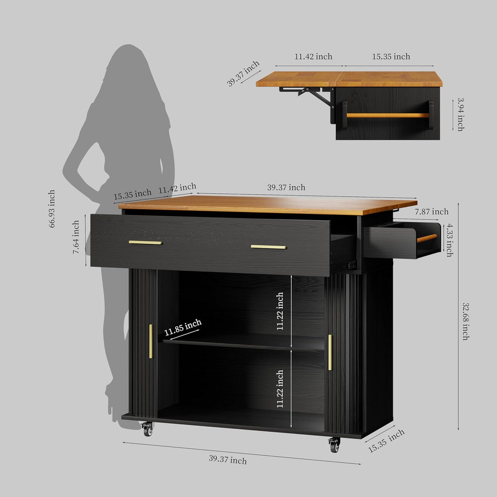 DHH Rolling Kitchen Island with Drop Leaf Countertop&Ample Storage - 39.4" Small Mobile Kitchen Cart On Wheels with Sliding Door,Drawers,Spice Rack & 2-Tier Storage(Black)