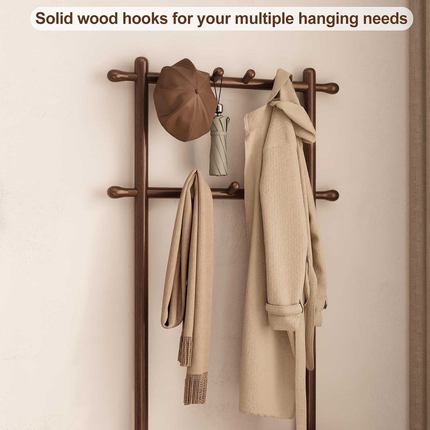 AQIMUELE Hall Tree, Coat Rack with Shoe Storage, Wooden Hall Tree with Bench, 11 Hooks and 2-Tier Storage Shelves, Entryway Bench with Coat Rack (23.6" - Deep Walnut)