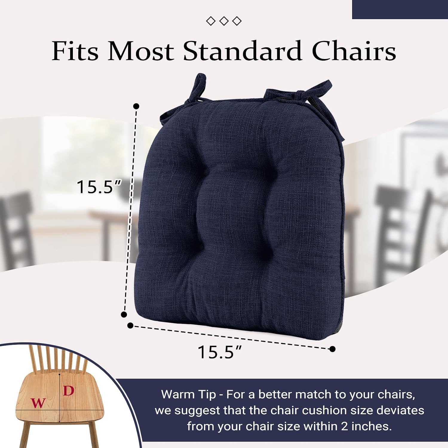 Wellsin Chair Cushions for Dining Chairs, Non-Slip Kitchen Chair Pads with Ties, Tufted Shredded Foam Kitchen Chair Cushions Set of 4, 15.5" X 15.5", Navy
