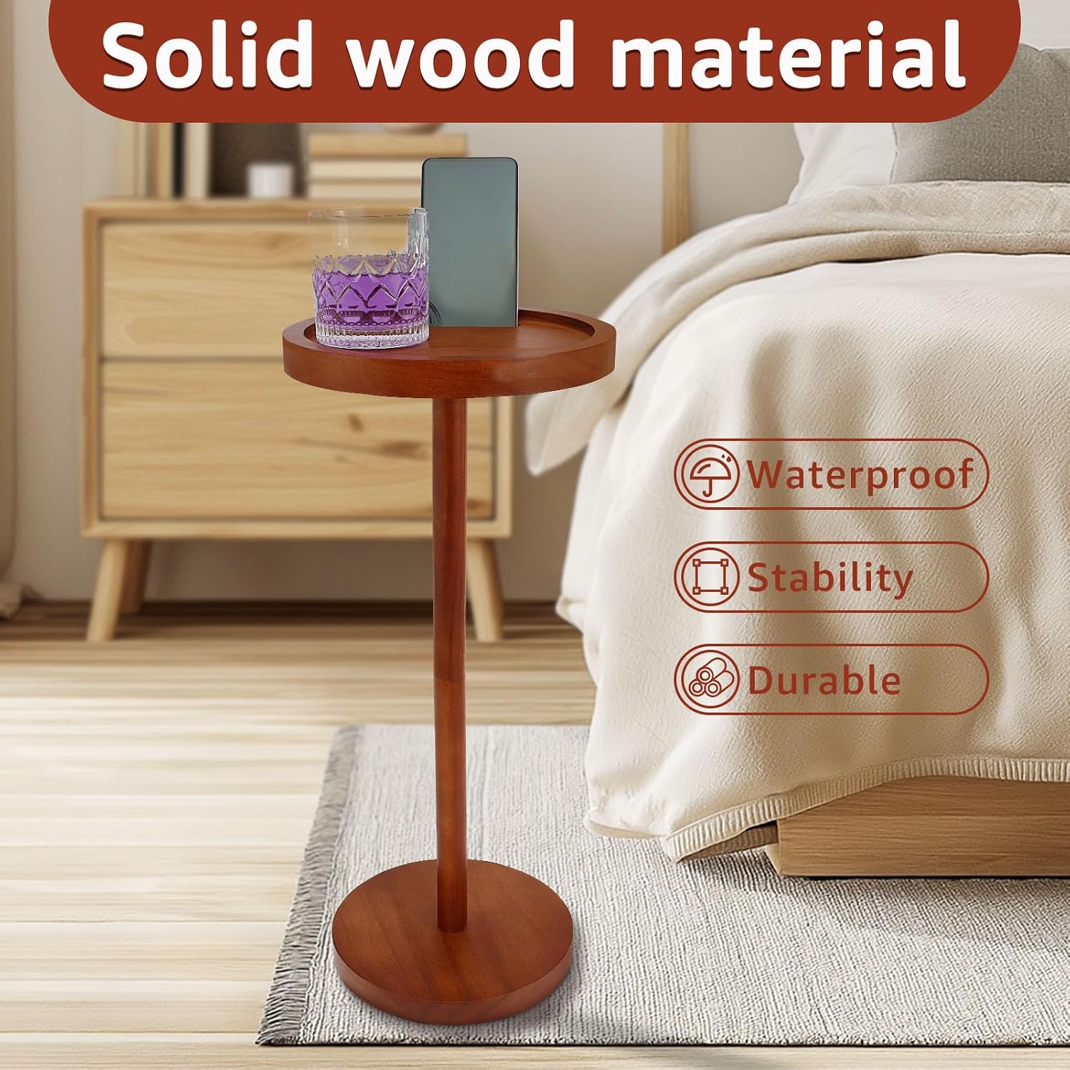 Pedestal Side Table With Weighted Base and 360 Rotating Phone Holder - Small Round Table for Living Room, Home Office, Small Spaces