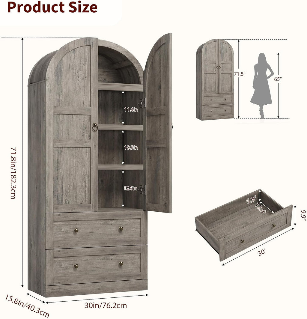 72" Tall Arched Kitchen Pantry Cabinet – Farmhouse Wooden Storage Cabinet with 2 Drawers & Wood Doors – Freestanding Buffet Sideboard for Dining/Living Room – Rustic Gray, Wooden Door, Grey