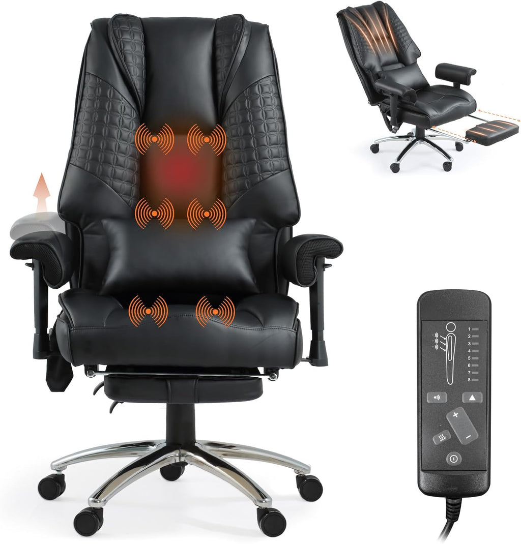 Vibrate Massage & Heating Office Chair, Executive Office Chair with Reclining Backrest, Adjustable Arms & Lumbar Support, High Back Leather Desk Chairs w/Foot Res for Home Office, Black