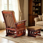 Solid Wood Glider Rocking Chair and Ottoman, Reddish Brown&Coffee | Rustic Nursery Glider Rocker with Padded Cushion Armrest, Smooth Rocking Motion Indoor Living Room Nursing Napping Reading