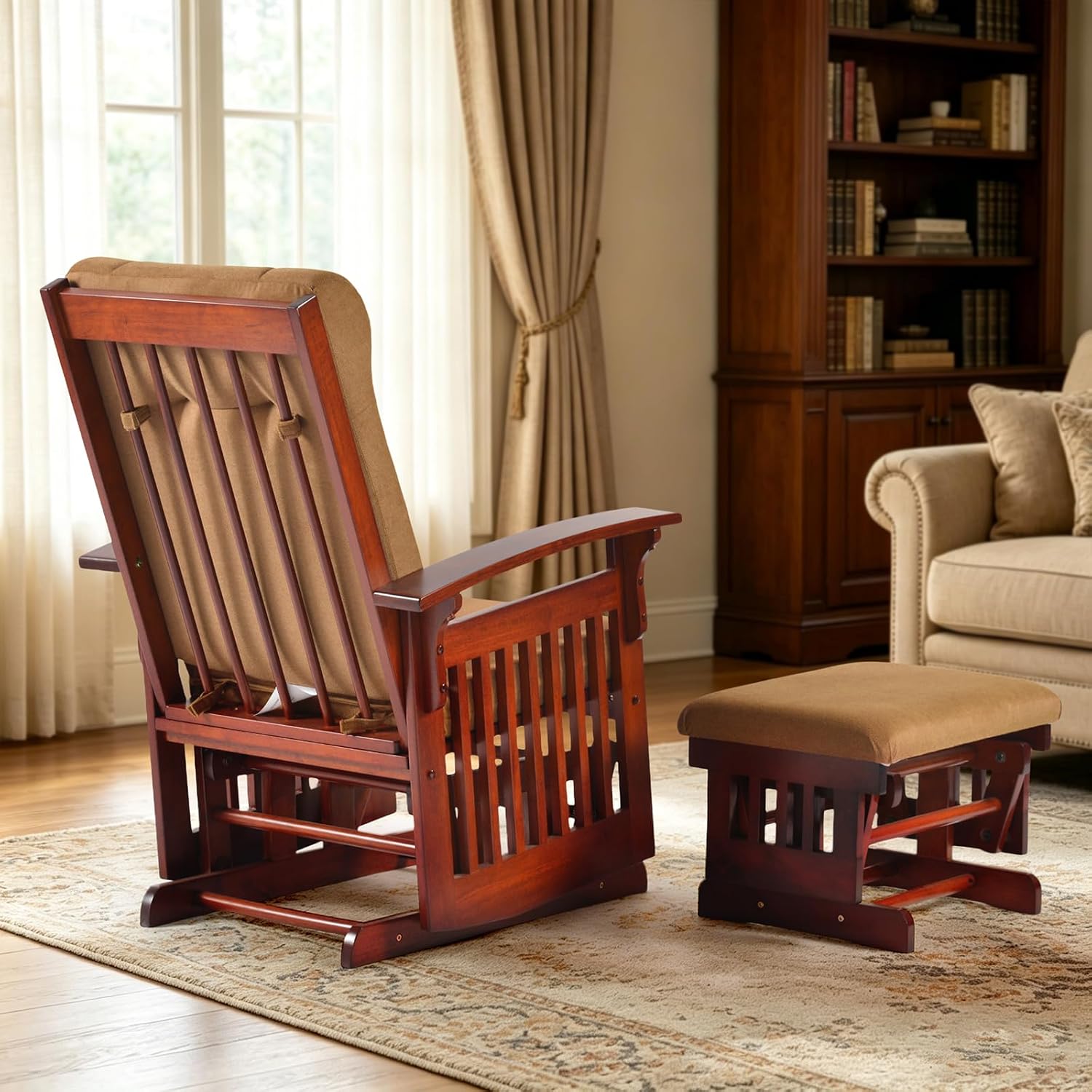 Solid Wood Glider Rocking Chair and Ottoman, Reddish Brown&Coffee | Rustic Nursery Glider Rocker with Padded Cushion Armrest, Smooth Rocking Motion Indoor Living Room Nursing Napping Reading