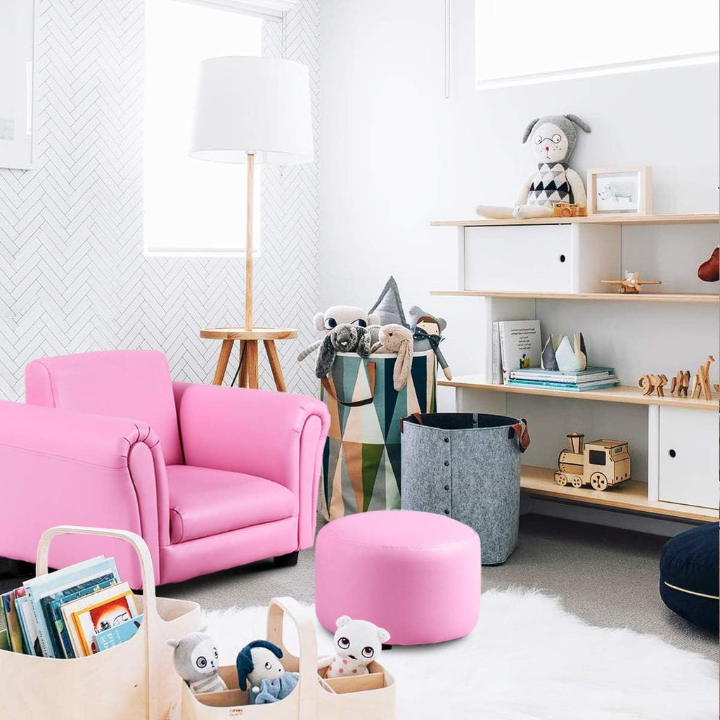 Costzon Kids Couch with Footstool, Children's Sofa with ASTM & CPSIA w/PU Leather Surface, Mini Armrest Chair Lounge, Soft Kids Sofa for Preschool Bedroom Kids Room Toddlers Boys Girls Birthday (Pink)