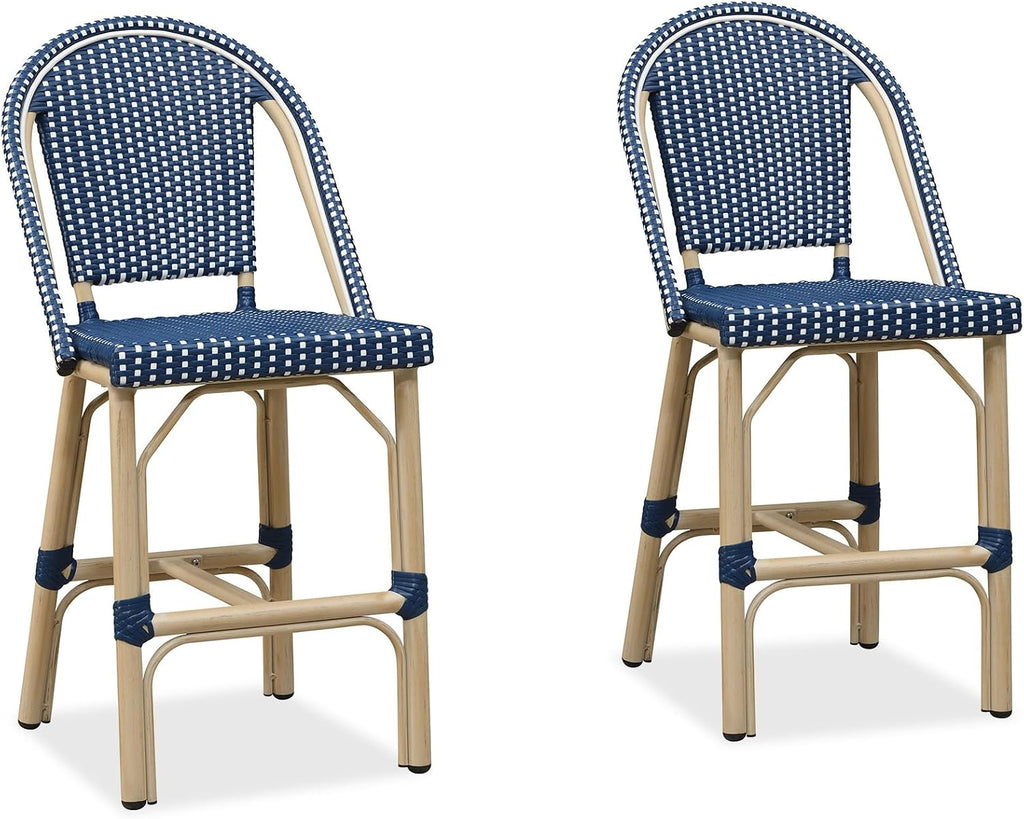 PURPLE LEAF Patio French Counter Height Stool Set of 2 Outdoor Backrest Barstools Aluminum Frame in Champagne Finish Woven Rattan for Indoor Kitchen Garden Balcony Restaurant Navy Blue
