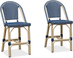 PURPLE LEAF Patio French Counter Height Stool Set of 2 Outdoor Backrest Barstools Aluminum Frame in Champagne Finish Woven Rattan for Indoor Kitchen Garden Balcony Restaurant Navy Blue