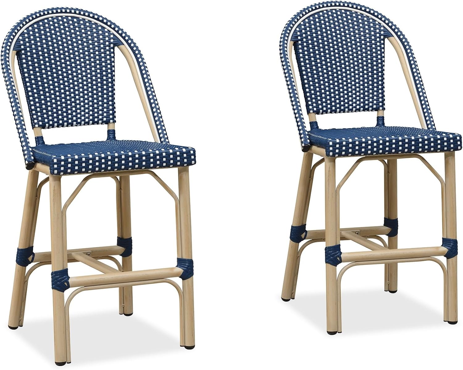 PURPLE LEAF Patio French Counter Height Stool Set of 2 Outdoor Backrest Barstools Aluminum Frame in Champagne Finish Woven Rattan for Indoor Kitchen Garden Balcony Restaurant Navy Blue
