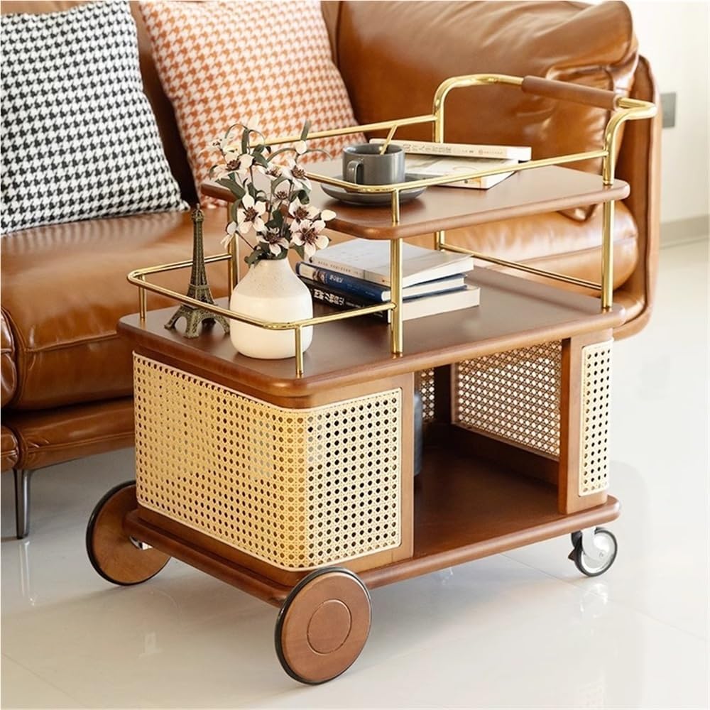 Solid Wood Mobile Side Table with Wheels, Rolling End Table with Storage Shelf, Vintage Couch Table for Living Room Bedroom Small Spaces