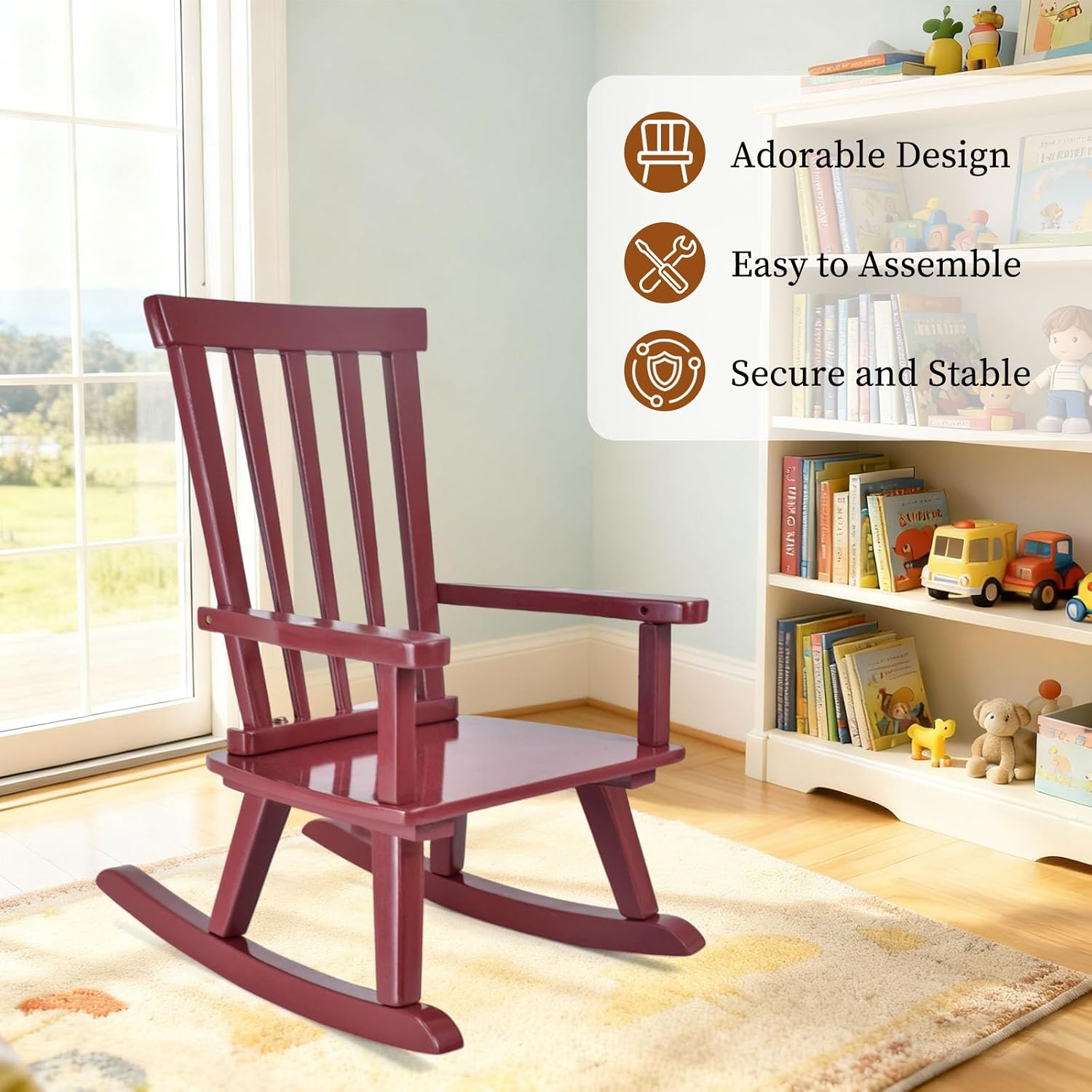 Kids Rocking Chair for Toddler and Small Baby Wooden Comfy Rocker Furniture Indoor Cozy Recliner for Bedroom Play Room Couch Outdoor Red