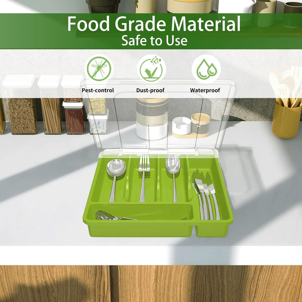 Utensil Holder for Countertop with Lid, Plastic Silverware Tray for Drawer (Green)