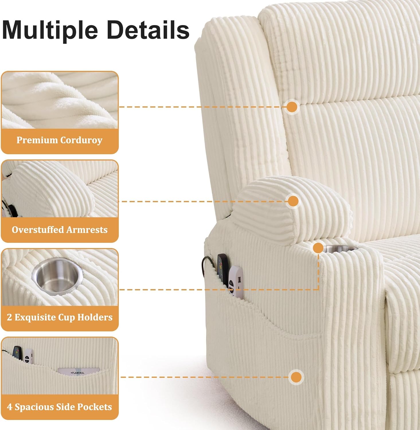 Korser Power Swivel Rocker Recliner with Dual Motor Adjustable Headrest for Adults, Oversized 24" Wide Seat Glider Rocking Chair with Massage & Heat, Corduroy Electric Recliner with USB&Type-C, Beige