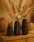 Black Ceramic Vases Set of 3 – Modern Ribbed Vase Centerpieces for Pampas Grass, Eucalyptus, Dried or Fresh Flowers, Minimalist Home Decor for Living Room, Bookshelf, Table & Office