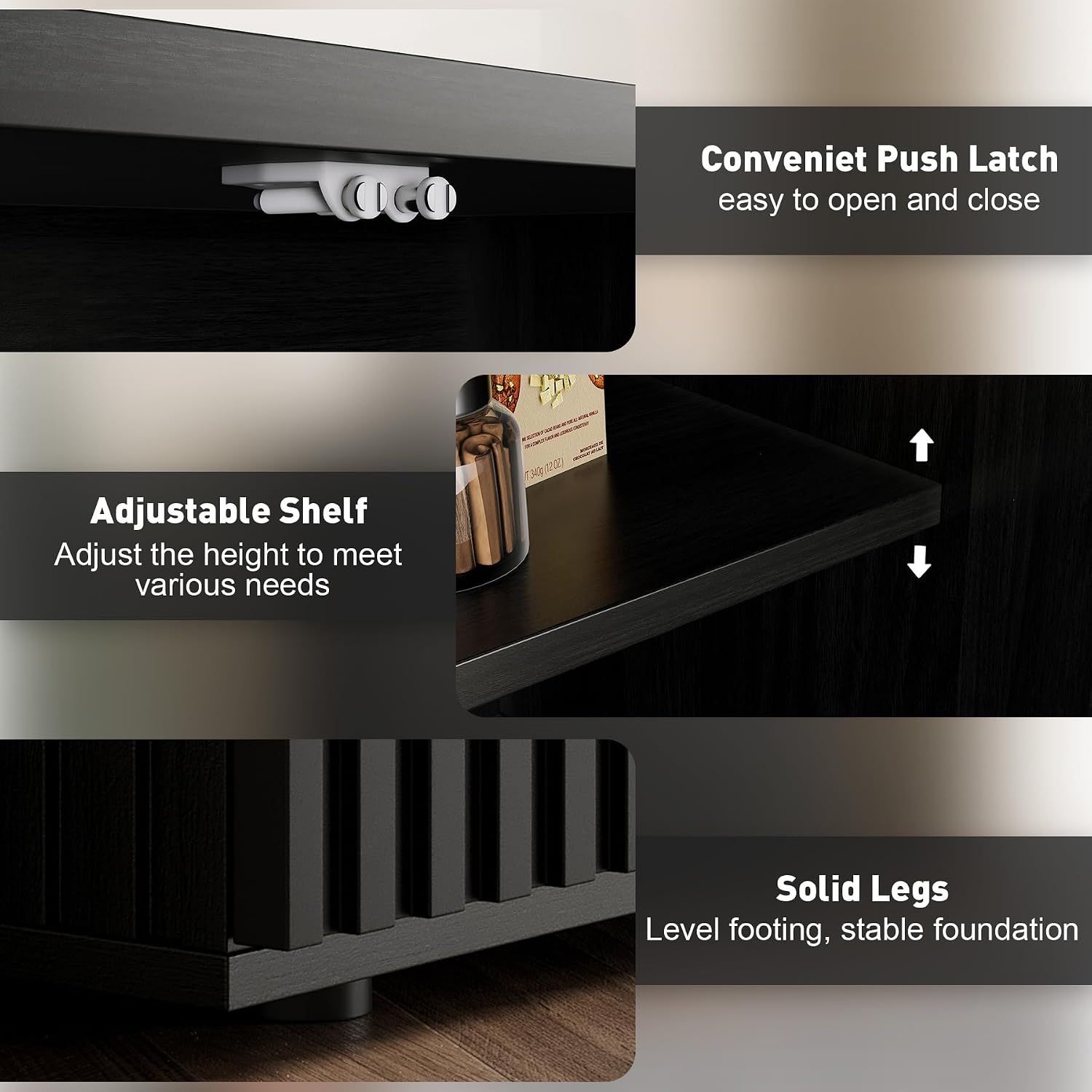 Rophefx Fluted Sideboard Cabinet, Buffet Cabinet with Storage, Credenza Storage Cabinets with Adjustable Shelf, Wood Entryway Cabinets with Pop-up Doors for Living Room, Entryway, Hallway, Black