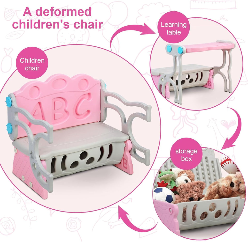 3 in 1 Study Table Bench Toy Storage Stool Set, Kids Storage Bench Toy Storage Stool with Letter Backrest, Flip Design, Large Capacity Space Pink