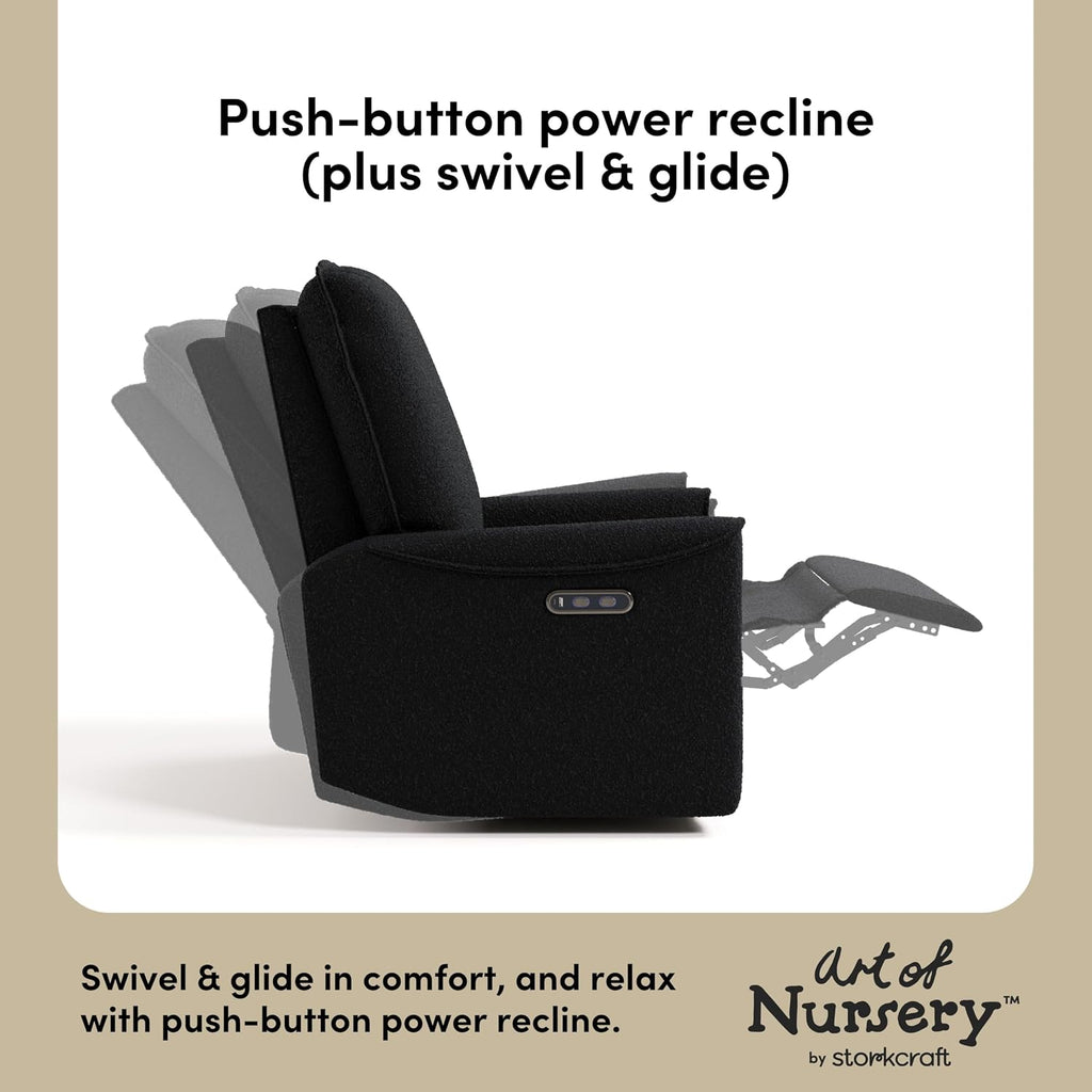 Storkcraft Santos Deluxe Power Recliner Swivel Glider, Premium Electronic Nursery Rocking Chair, Oeko-TEX 100 Certified, Includes Dual-USB Charging Port with USB-A & USB-C – (Black Boucle)