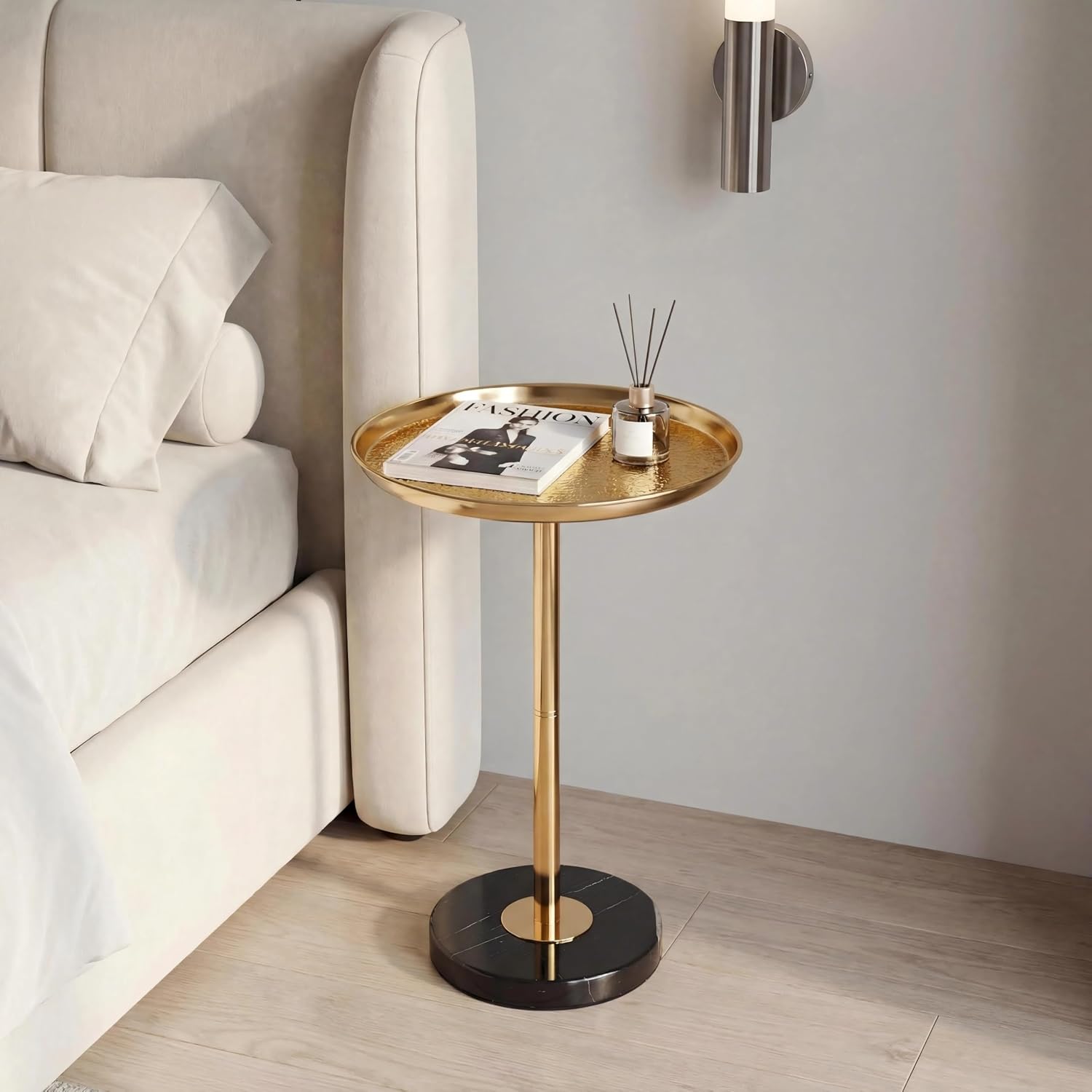 Adjustable Martini Side Table – Small Round Drink Table with Natural Marble Base, Gold Pedestal End Table with Tray Top for Living Room Sofa Bedroom Small Spaces
