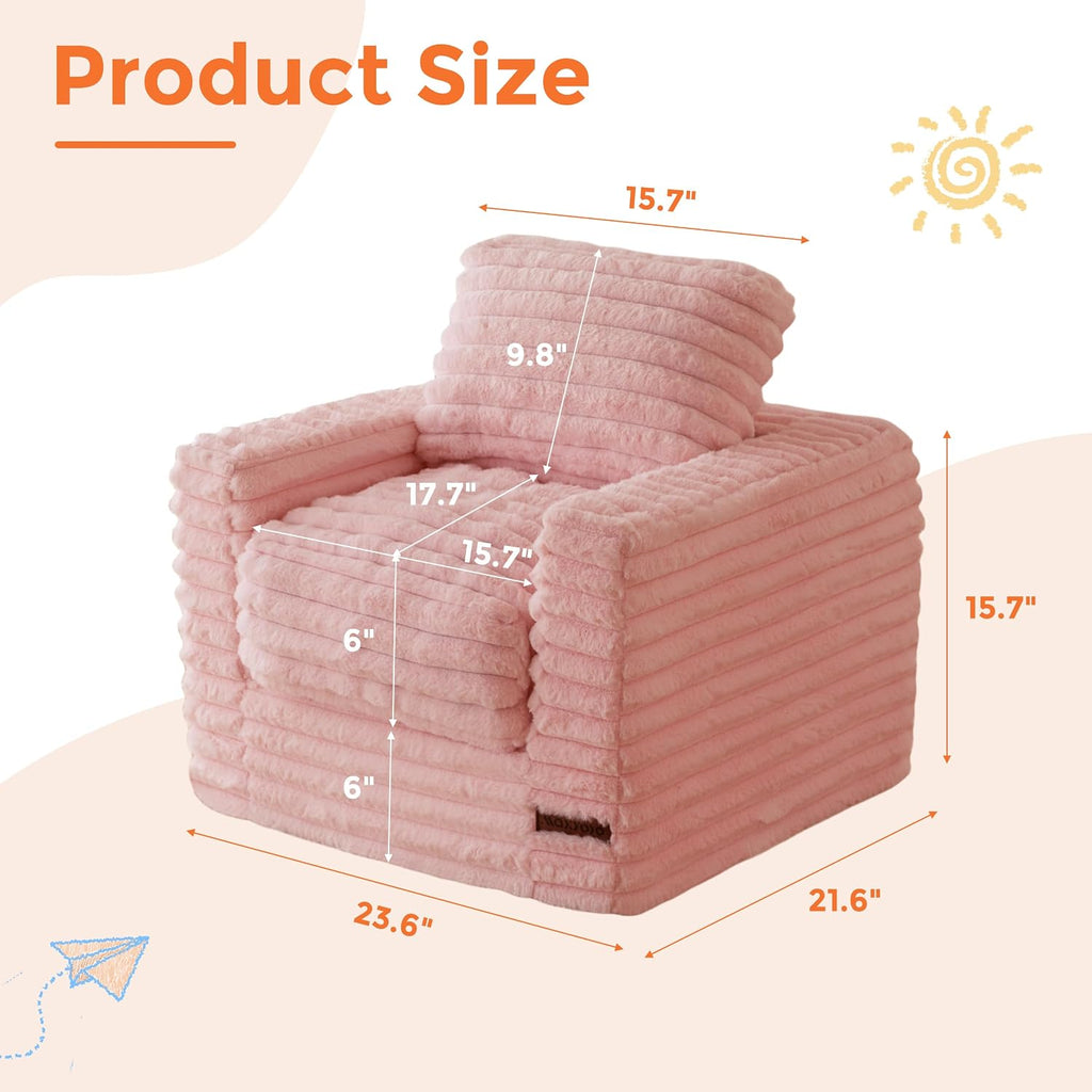 MAXYOYO Kids Bean Bag Chair, Comfy Upholstered Bean Bag Sofa with Filler | Faux Fur Floor Sofa with Pillows and Armrests, Lazy Floor Chair Couch for Boys and Girls, Pink