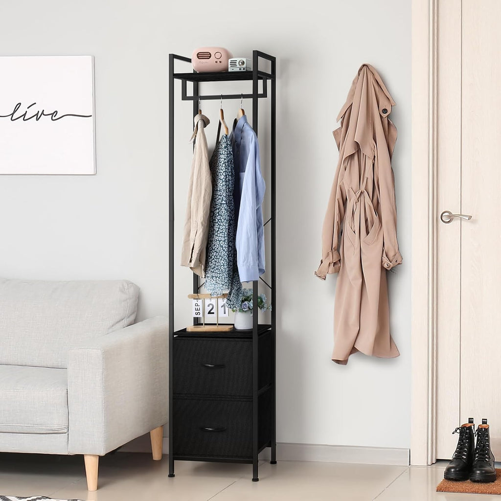 smusei Clothes Rack 3 Tiers Heavy Duty Coat Rack with 2 Fabric Drawers and Storage Shelves Freestanding Cloth Hanger Garment Rack for Bedroom Entryway Living room Black