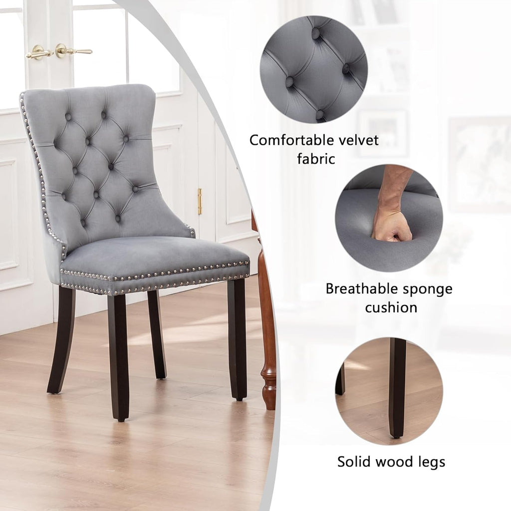Hixkol Velvet Dining Chairs Set of 2,Upholstered Dining Chairs with Ring Pull Trim and Button Back,Modern Seating for Kitchen, Dining Room & Living Room(Grey)