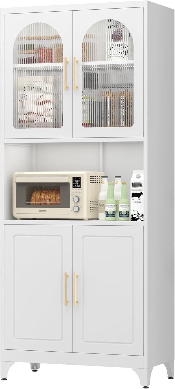 SteeLoong Metal Kitchen Pantry Storage Cabinet，75" Tall Storage Cabinets with 4 Doors and Adjustable Shelves ，White Hutch Cabinet with Microwave Stand,Large Kitchen Cupboard for Dining Room