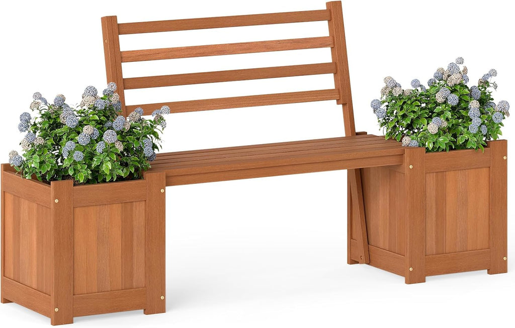 Outdoor Planter Box with Bench, Teak Oil Finish Wood Seat with 2 Open-Ended Base Garden Beds & Backrest, Decorative Plant Container for Yard, Balcony & Porch