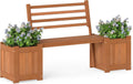 Outdoor Planter Box with Bench, Teak Oil Finish Wood Seat with 2 Open-Ended Base Garden Beds & Backrest, Decorative Plant Container for Yard, Balcony & Porch