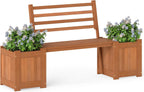 Outdoor Planter Box with Bench, Teak Oil Finish Wood Seat with 2 Open-Ended Base Garden Beds & Backrest, Decorative Plant Container for Yard, Balcony & Porch