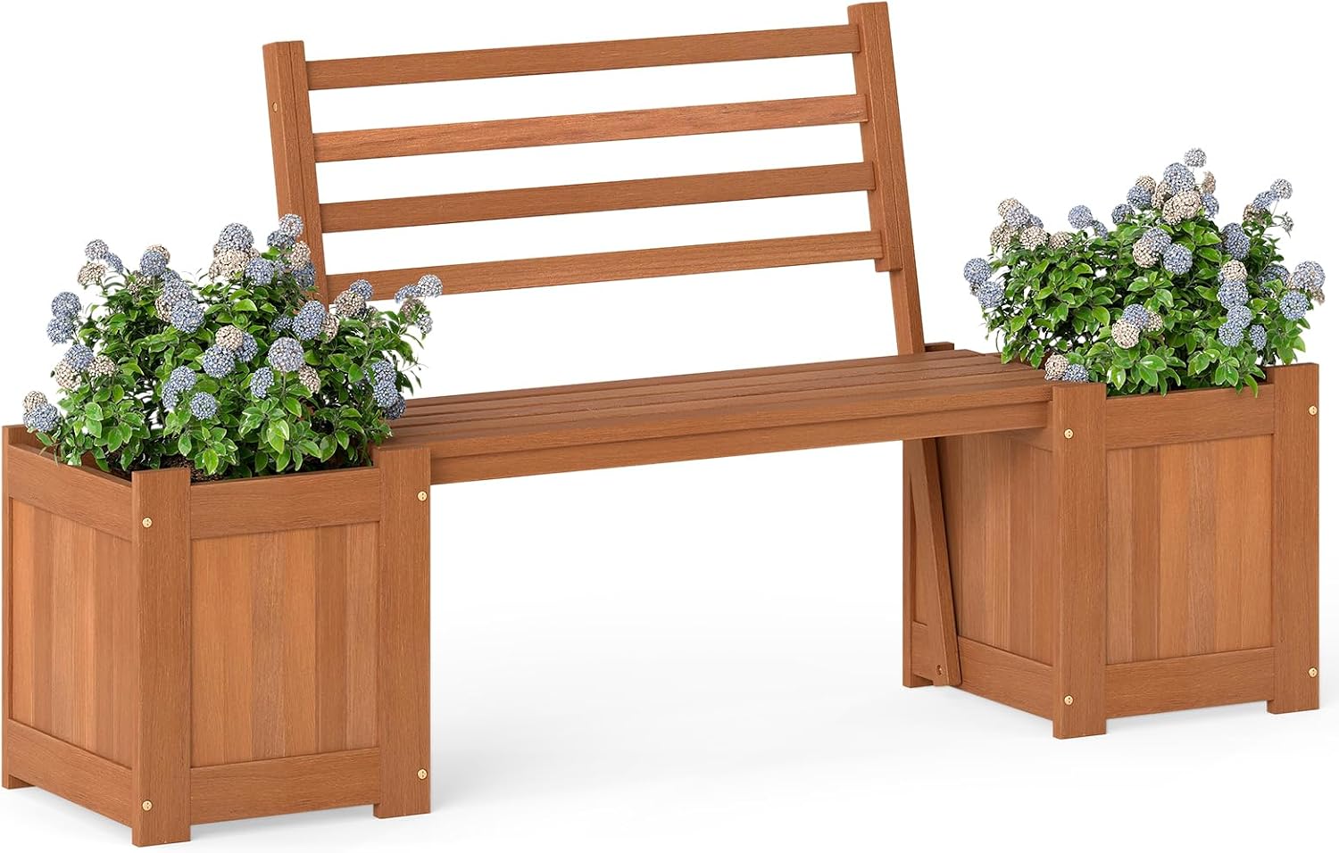 Outdoor Planter Box with Bench, Teak Oil Finish Wood Seat with 2 Open-Ended Base Garden Beds & Backrest, Decorative Plant Container for Yard, Balcony & Porch