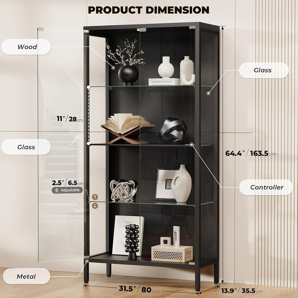 Display Cabinet with Glass Doors, 4-Tier Curio Cabinet with 3 Color Lights, Metal Glass Display Case with Motion Sensor, Storage Cabinets with Adjustable Glass Shelves, Bookcase, Black