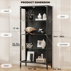 Display Cabinet with Glass Doors, 4-Tier Curio Cabinet with 3 Color Lights, Metal Glass Display Case with Motion Sensor, Storage Cabinets with Adjustable Glass Shelves, Bookcase, Black