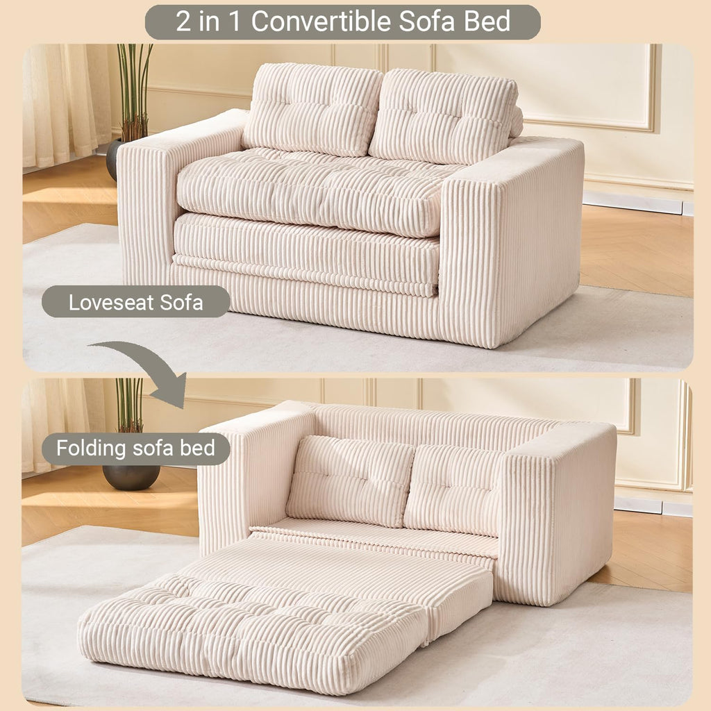 Fefances 55.1”Boneless Sofa Bed, 2-in-1 Convertible Loveseat & Folding Futon Couch, Small Space-Saving Design with Corduroy Fabric, for Living Room, Bedroom, Studio Apartment - Beige