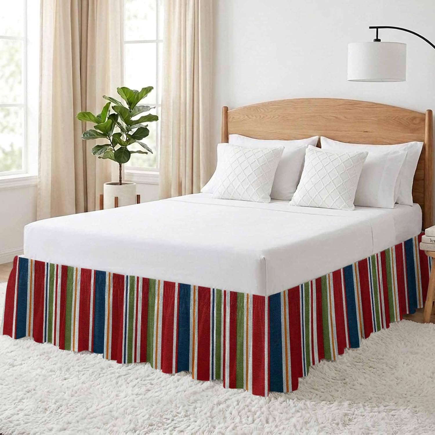 Red Green Striped Bed Skirt Queen Size 16 Inch Drop, Adjustable Elastic Bedskirt Dust Ruffle for Queen Bed, Farmhouse Vintage Minimalist Stripe Wrap Around Bed Skirts Luxurious Pleated Bed Frame Cover