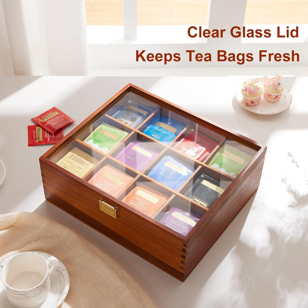 HouseJoy Wood Tea Bag Organizer: 12 Compartments with Clear Glass Lid | Acacia Wood-Large Capacity-Tea Bag Storage Holder for Countertop Kitchen Pantry-Gift For Tea Lover-Keep Tea Bag Fresh