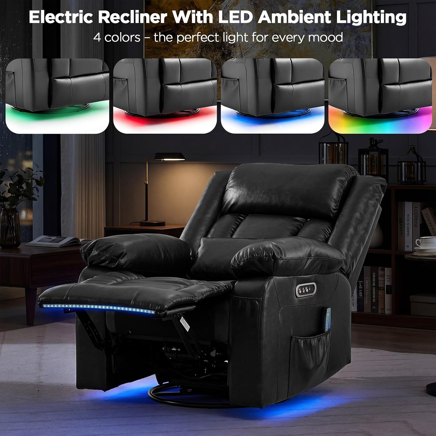 Power Swivel Rocker Recliner Chair with Independent Footrest Control | Massage Recliner Chair, Dual Motor, Nursery Rocker Reclining Chair with Pockets, LED Light for Living Room, PU Black