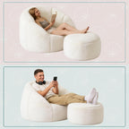 Oversized Bean Bag Chair with Footstool for Adults, Giant Fuzzy Accent Reading Chair with Ottoman Pouf, Lounge Chair Chaise Indoor, Faux Fur Round Large Floor Sofa Couch for Game, Beige