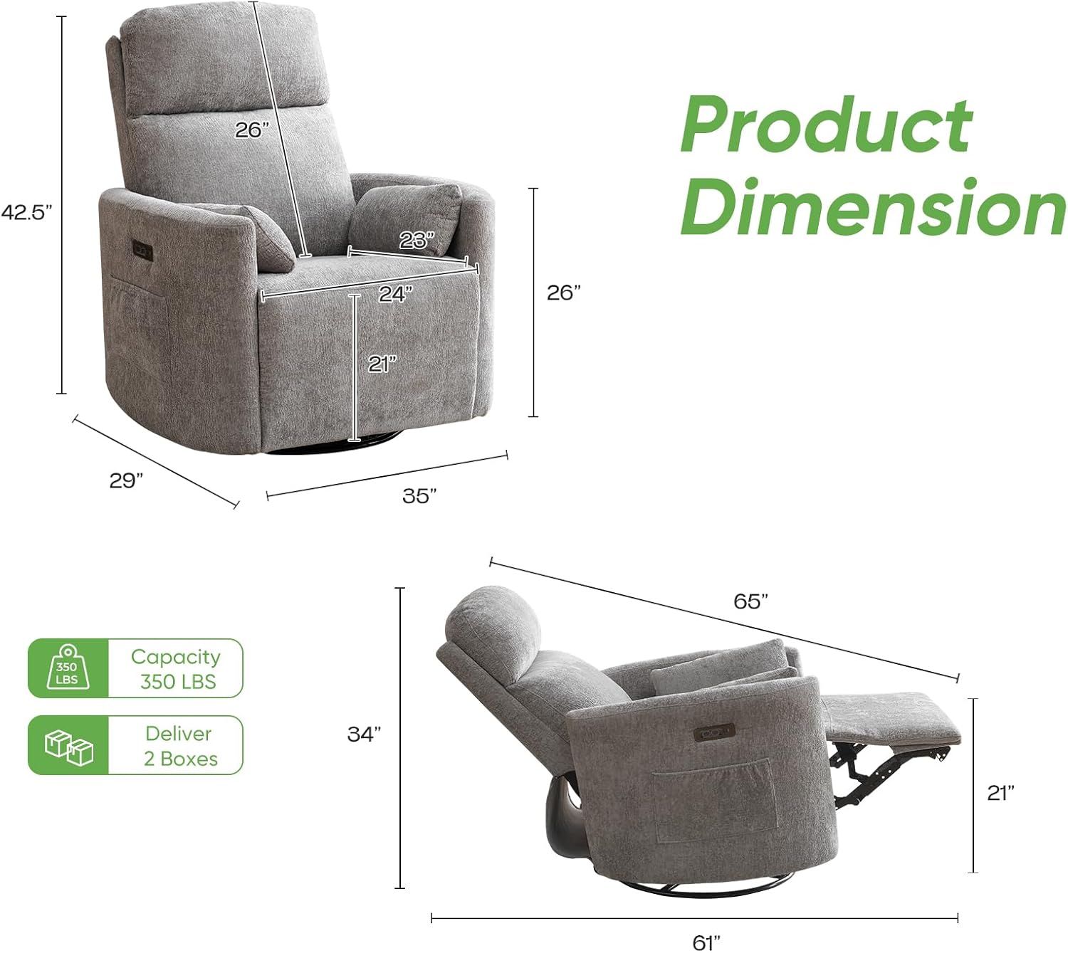Oversized Power Recliner with Massage and Heat, Swivel Rocker Recliner with Adjustable Headrest, Glider Recliner Nursery Chair with 2 Pillows, rocking nursery recliner for Living Room,Light Grey